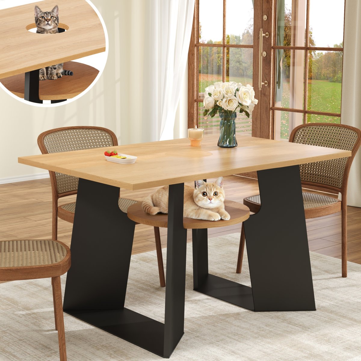 Pet-friendly Dining Room Kitchen Table With Pet Area & Storage Rack, Rectangular For 6 People  130X85X75 Cm , Natural Wood-black Mix