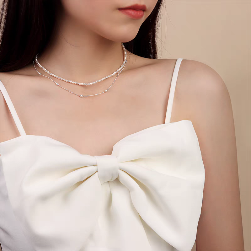 1pc 999 Sterling Silver Double-Layer Natural Pearl Thin Chain Necklace, Minimalist Elegant Style, Perfect For Daily Wear & Valentine's Gifts