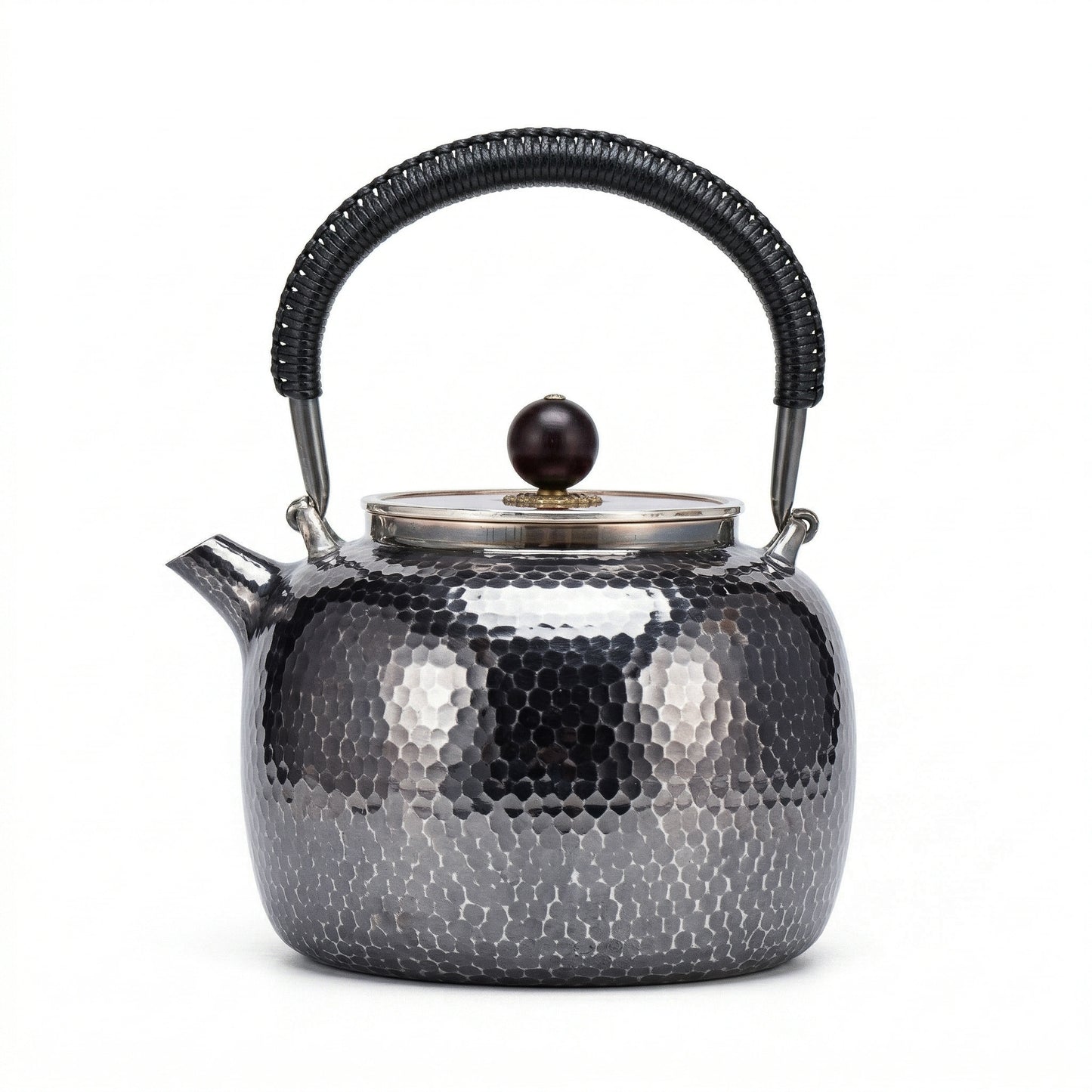 Pure 999 Fine Silver Elegant Handcrafted Hammered Silver Tea Kettle with Traditional Black Woven Handle - Handicraft