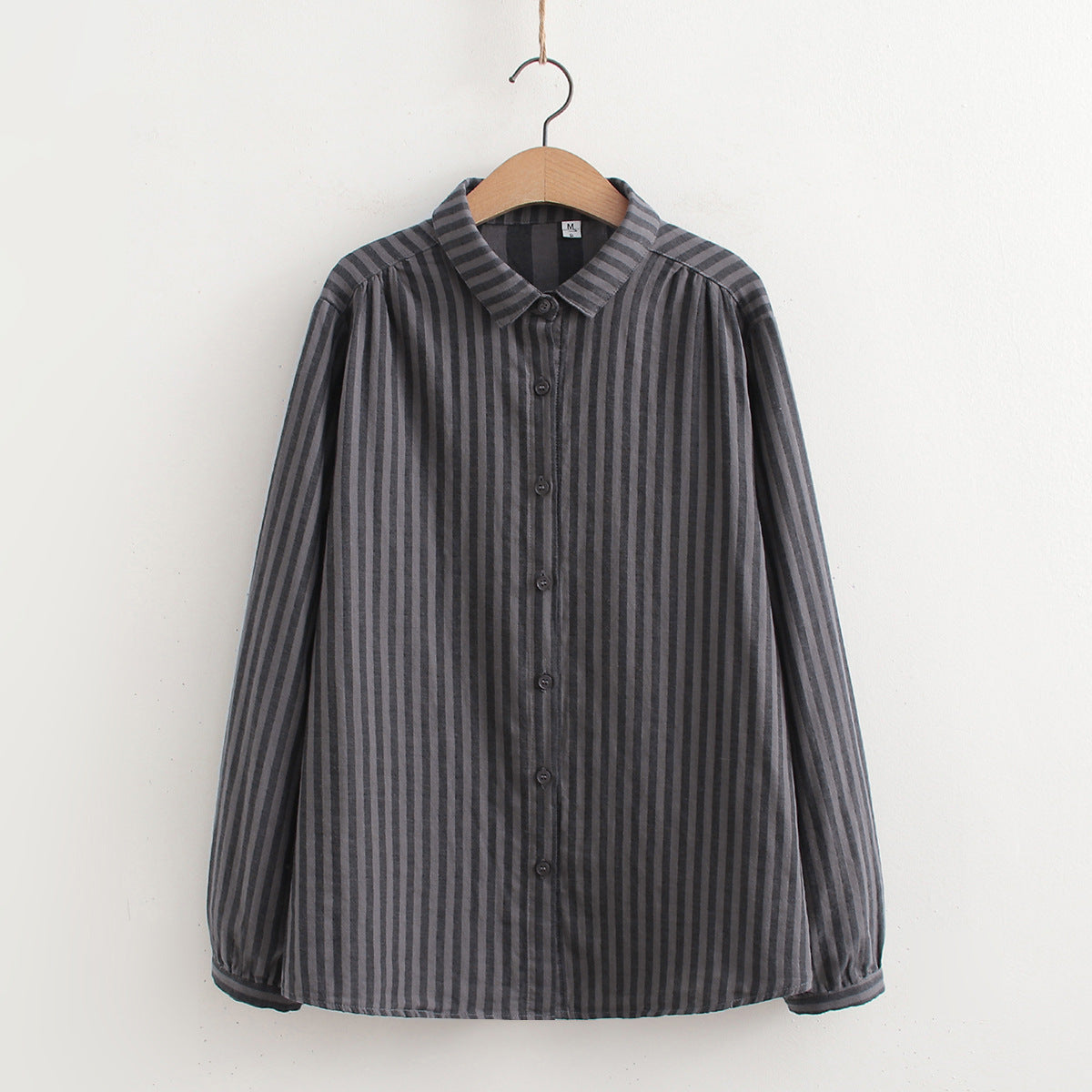 Korean-style Striped Cotton-linen Single-breasted Long-sleeve Shirt For Women