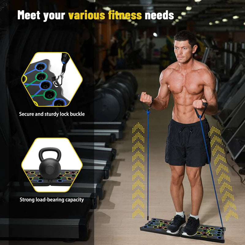 Portable Foldable Multi-Purpose Push-Up Board with Handles and Resistance Bands - Fitness Equipment, Home Gym Indoor Training