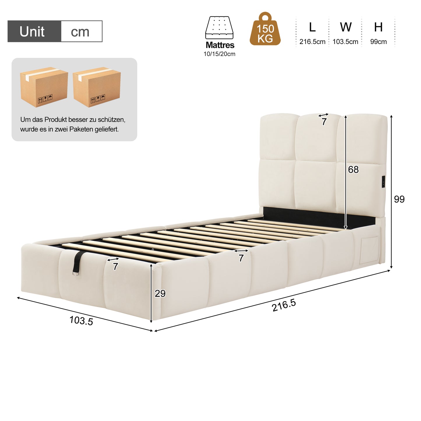 Upholstered Bed, Single Bed, Cot 90 X 200cm, Hydraulic Functional Bed, Bed With Slatted Frame, Headboard, Large Storage Space And USB Charging Port, Upholstered Headboard, Velvet, Beige