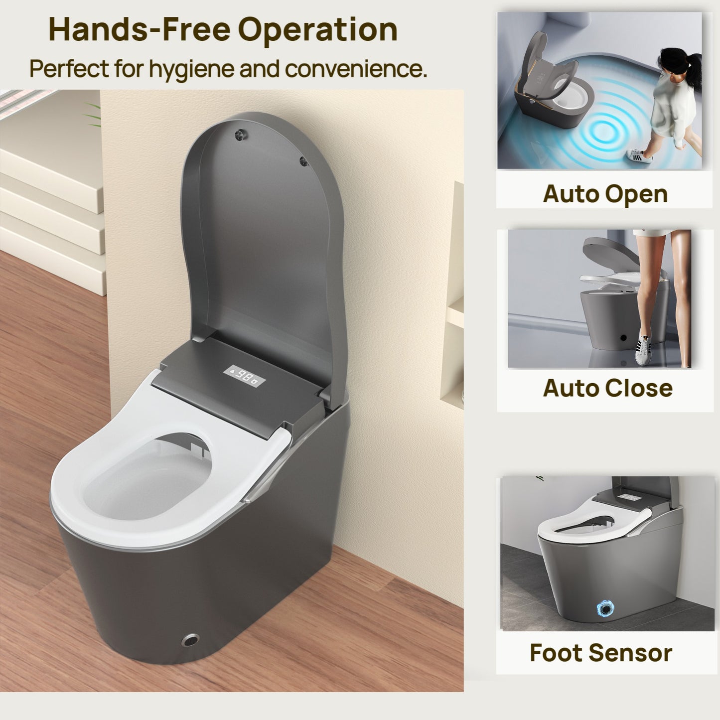 Tankless Modern Smart Toilet With Bidet, Auto Flush, Auto Open Close,Heated Seat, Warm Water And Dry, Foam Shield Function White, Matte Grey