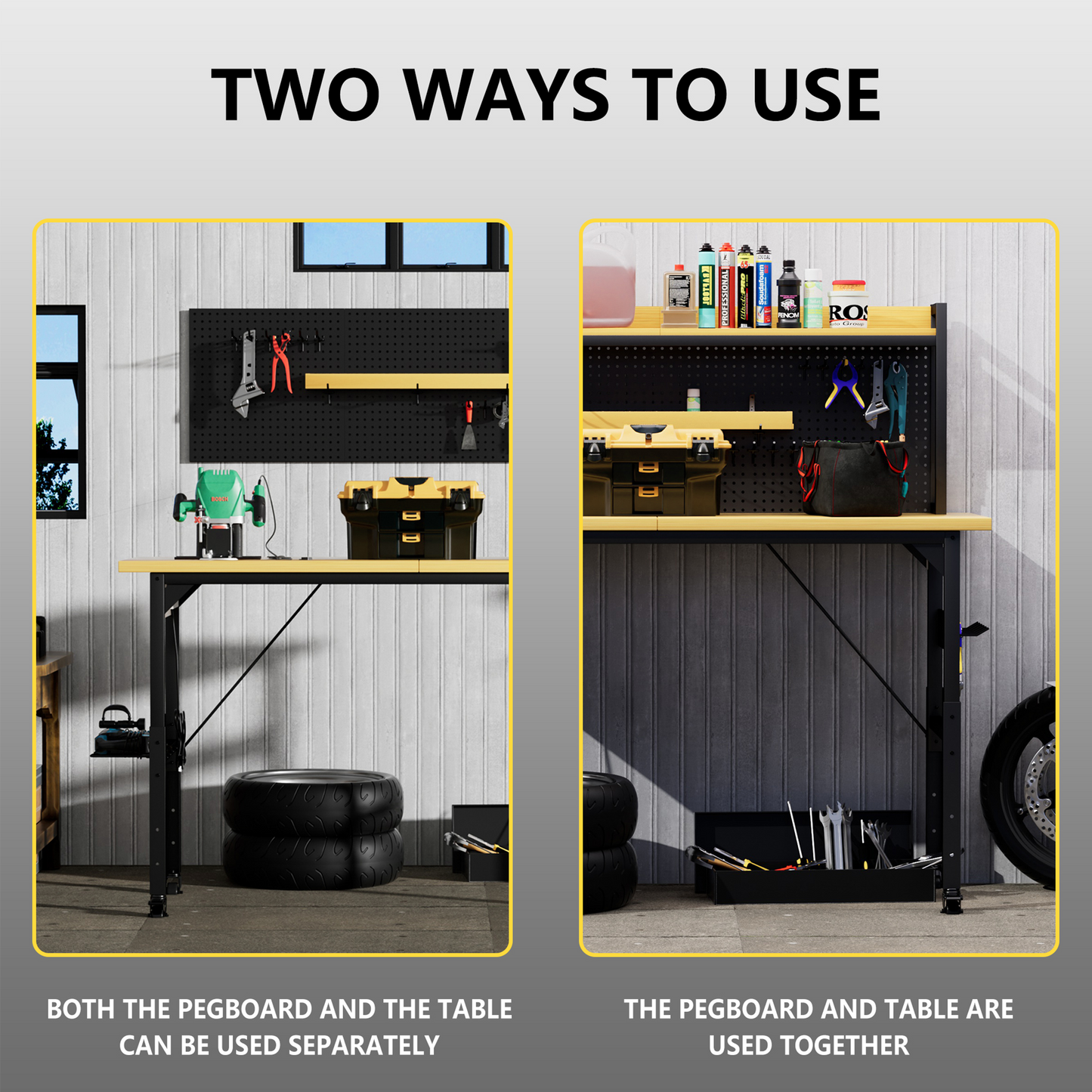 71 Adjustable Workbench With Pegboard, Heavy Duty Wooden Desktop Workbench With Wheels, 1600 Lb. Load Capacity, Rolling Workbench With AC USB Outlet, Hooks, Shelf, For Garage, Workshop, Office, Home.