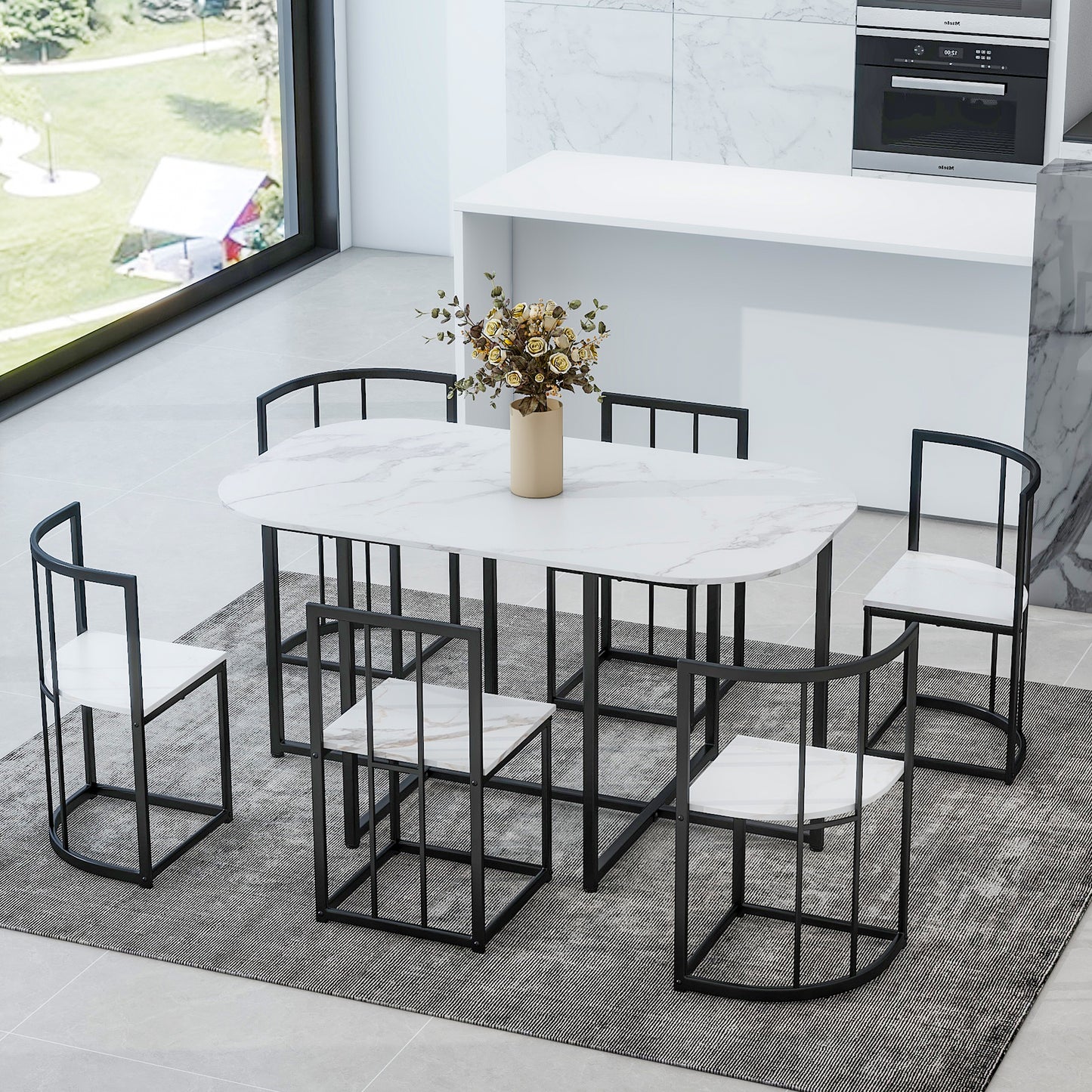 TOPMAx Modern 7- Piece Dining Table Set With Faux Marble Compact 55Inch Kitchen Table Set For 6  Black White
