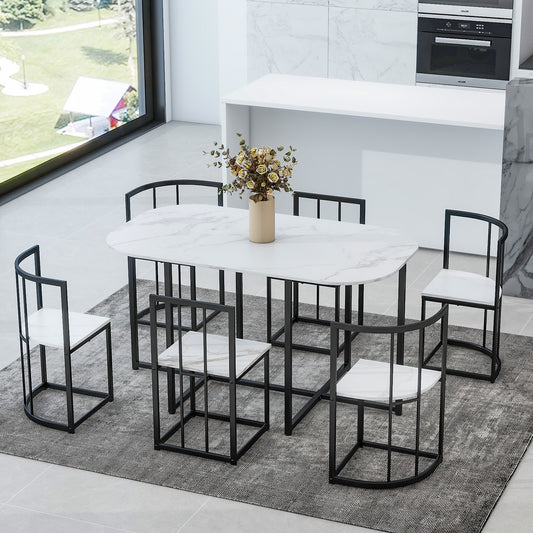 TOPMAx Modern 7- Piece Dining Table Set With Faux Marble Compact 55Inch Kitchen Table Set For 6  Black White