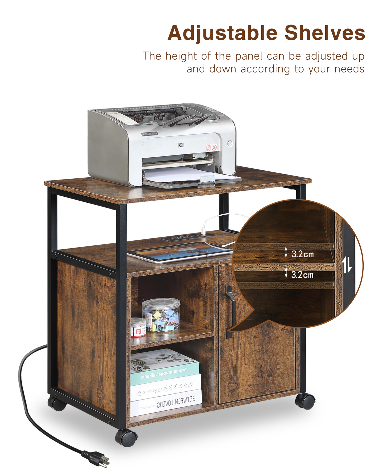 File Cabinet,Office Filing Cabinets With Socket And USB Charging Port,Printer Stand With Storage For A4, Letter Size,Metal Side Frame ,Easy Installationfor Home Office, Rustic Brown Black