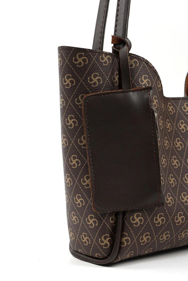 Monogram Brown SHK108 Faux Leather Women Hand And Shoulder Bag With Wallet And Makeup Bag