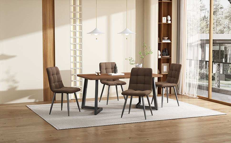 5-piece Dining Set With Table And 4 Chairs, Modern Kitchen Table Set, Wood Grain Kitchen Table With Black Metal Legs, MDF Tabletop In Walnut Color, Brown Velvet Dining Chairs