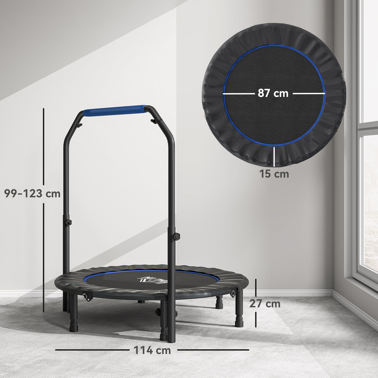 45" Foldable Mini Fitness Trampoline, With Adjustable Foam Handle, Blue