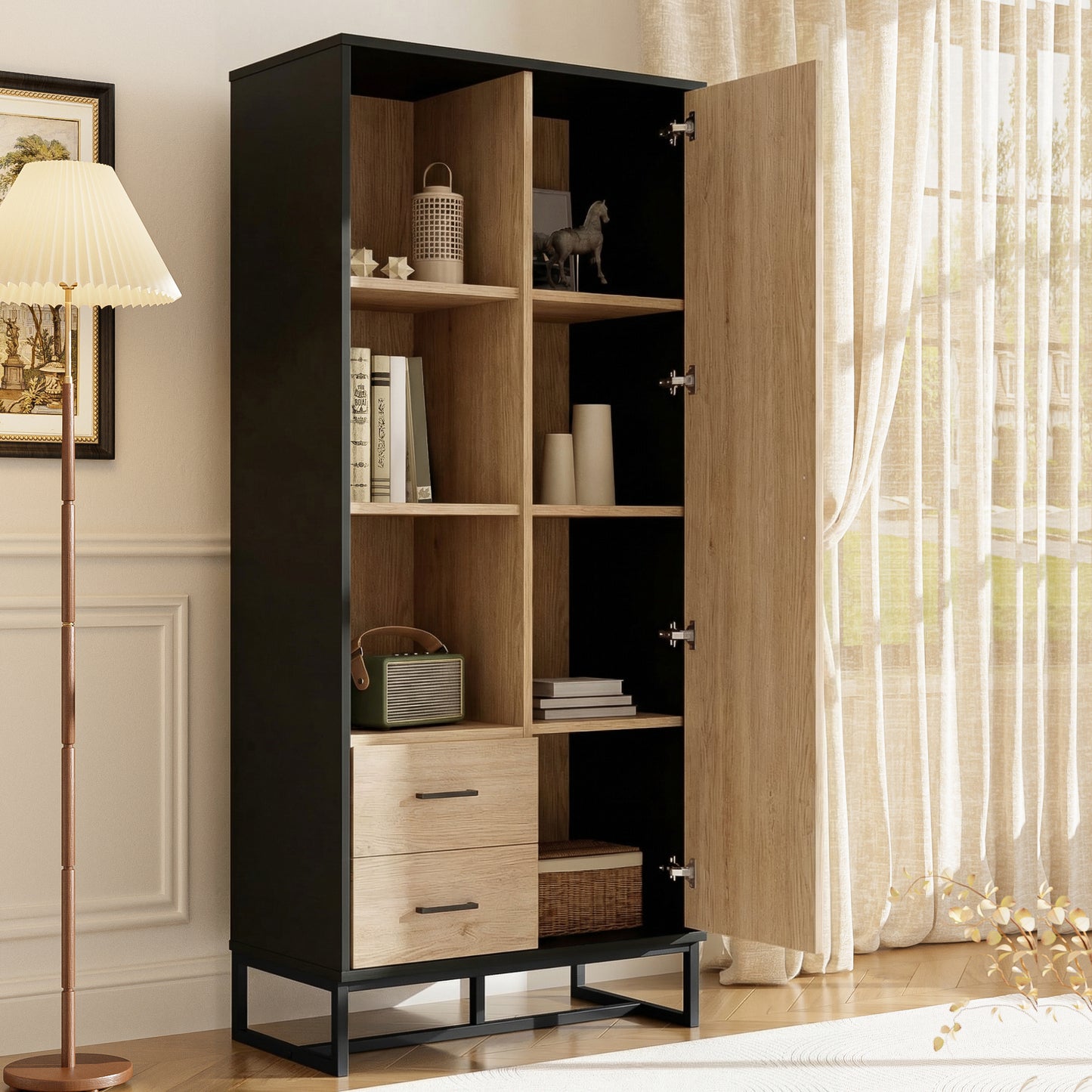 Modern Highboard Cabinet 80x40x180 Cm   Wood Look With Black Frame, With Door, 2 Drawers & 3 Open Compartments  Versatile Storage Space For Living Room, Office & Hallway