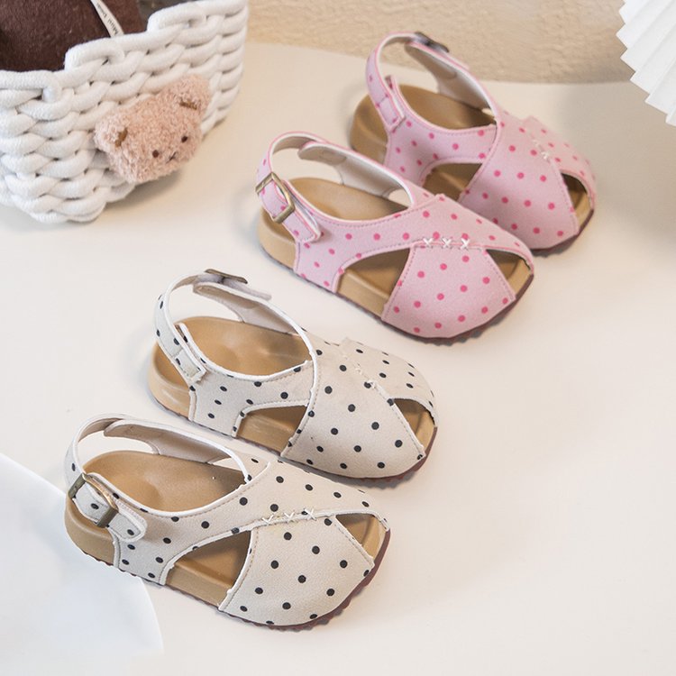 Girls' Trendy Polka Dot Frosted Leather Sandals With Korean Leopard Print, Niche Boken Sandals