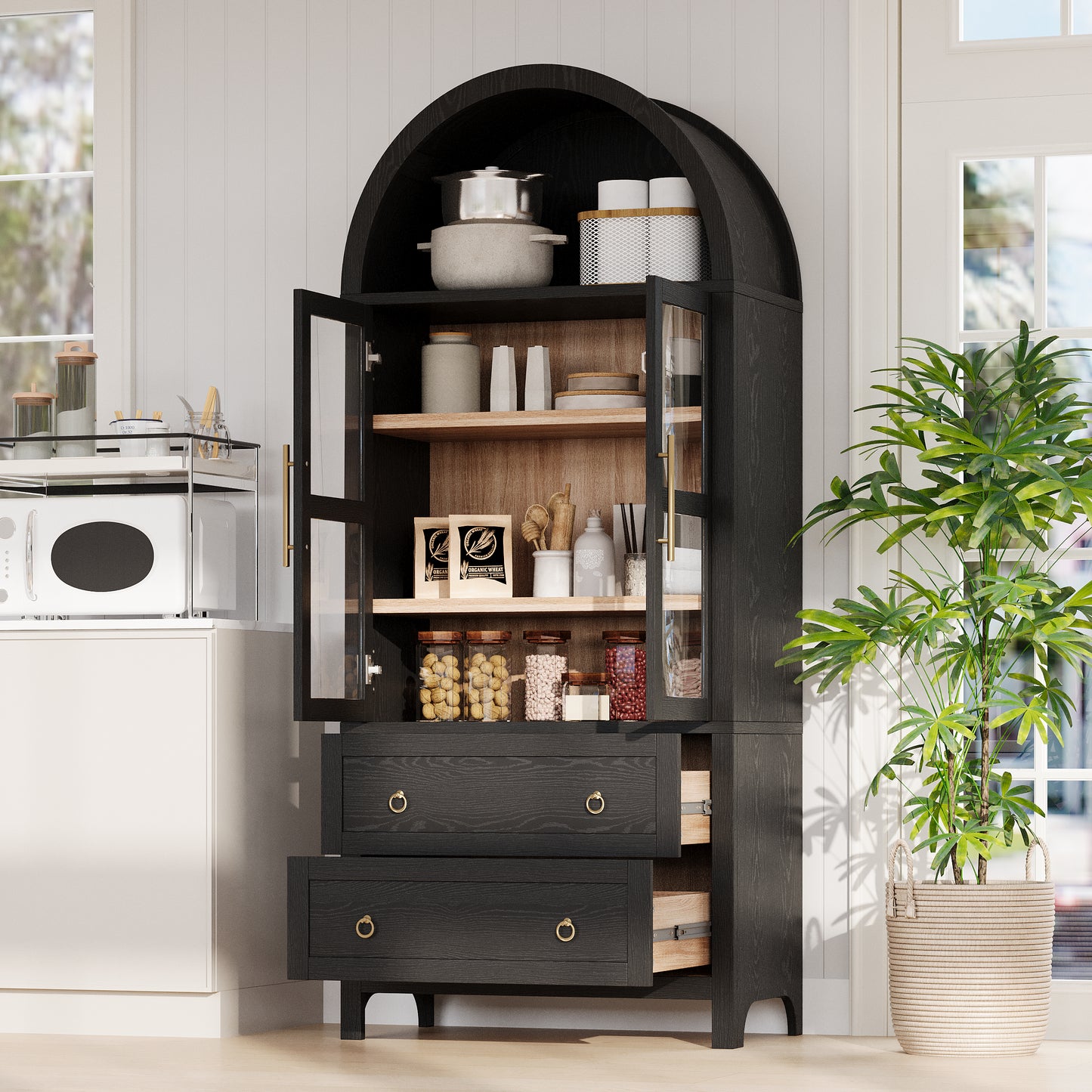 K&K 71  Tall Arched Kitchen Pantry Cabinet With 2 Large Drawers, Modern Farmhouse Kitchen Storage Cabinets With Adjustable Shelves, Glass Door, Wood Versatile Cupboard For Kitchens, Dining Room, Black