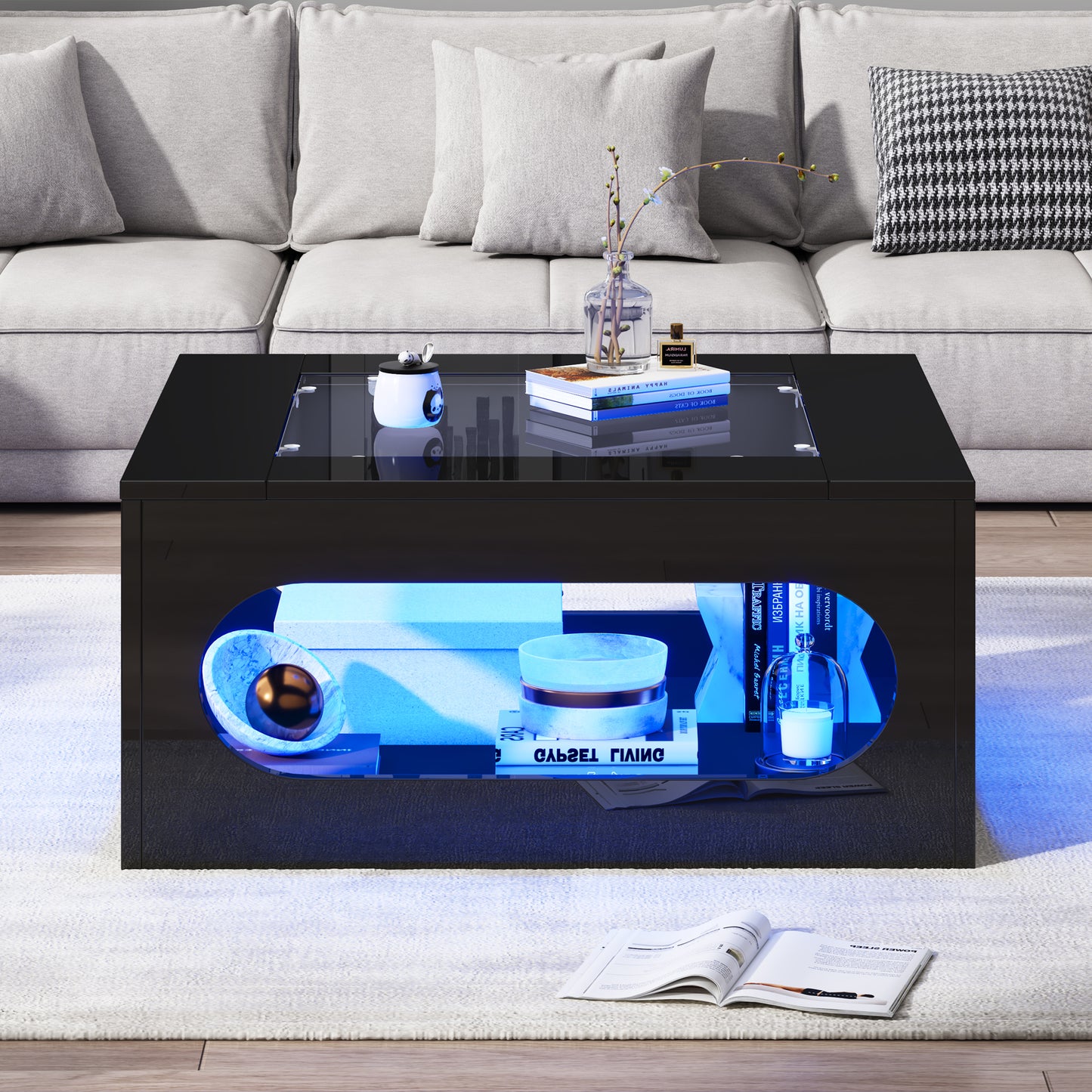 70x70x35cm Square Living Room Table, Hollowed Out Coffee Table In Middle, Tea Table With Tempered Glass Top,High Gloss LED Living Room Side Table,Christmas Party Table,Black, MDF
