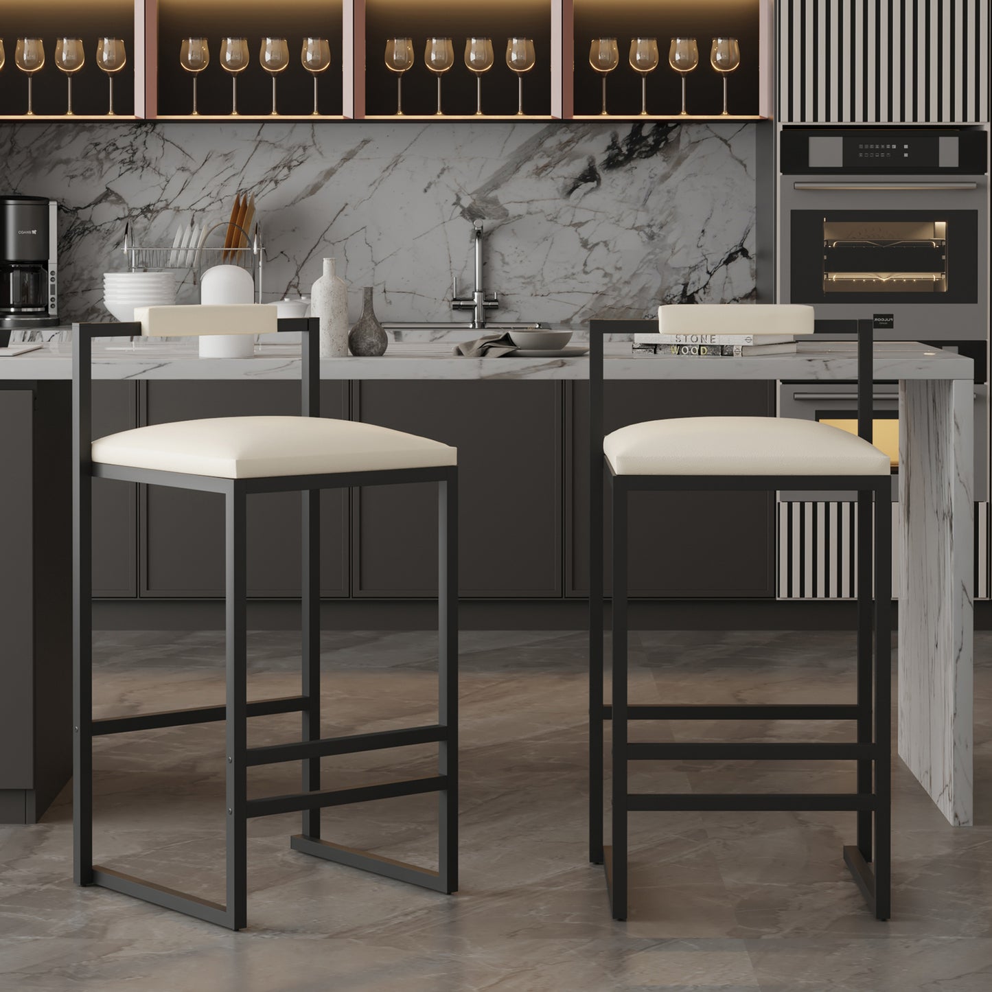 Set Of 2 Barstools Faux Leather Upholstered Bar Stools Modern Metal Frame Dining Chairs For Counter, Kitchen Island  Beige