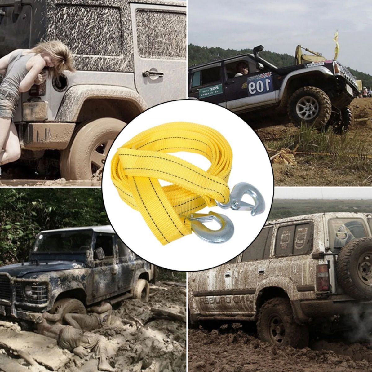 4M Heavy Duty 3 Ton Car Tow Cable Towing Pull-Rope Strap Hooks Van Road Recovery
