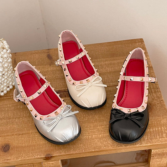 French Ballet Single Shoes Women's Summer 2026 New Style Shallow Bow Fold Rivet Mary Jane Women's Shoes