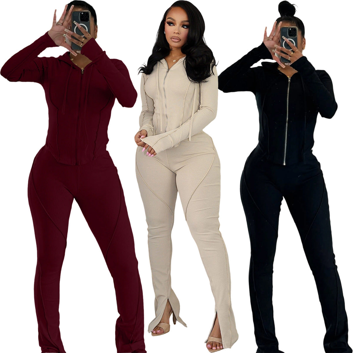 Womens Fashion Ribbed-Stripe Casual Sports Set