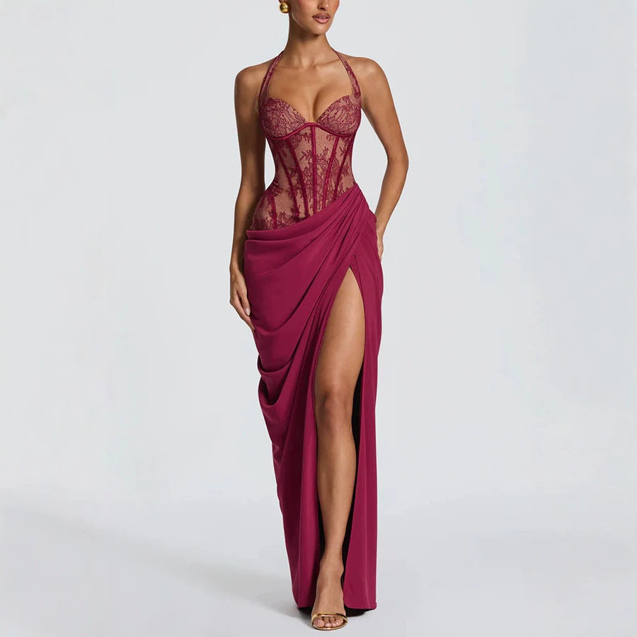 SpringSummer New Halter-Neck Lace-Up Patchwork Dress