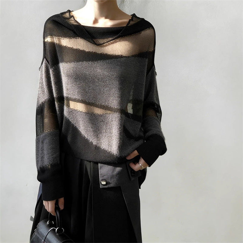 Korean-style Mesh-panel Design Relaxed-fit Blouse Long-sleeve Knit Top