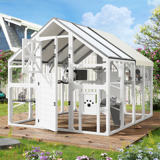 Extra Large Catio Outdoor Cat Enclosure, Walk-in Outdoor Pet House For Multiple Cats, Catio Cat Run Cage With Bridges, PVC Roof, Weatherproof  Cover, 8 Platforms, 2 Resting Box, White And Grey