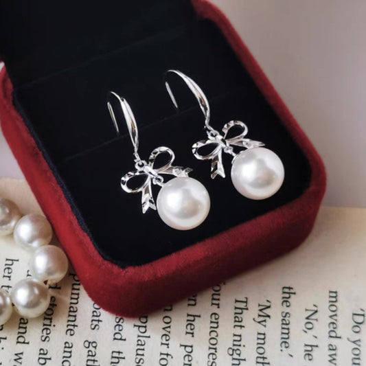 1 Pair 999 Sterling Silver Cut Bowknot & Pearl Hook Earrings, Sweet & Elegant, Perfect For Daily, Dating & Business, Ideal Valentine's Gift