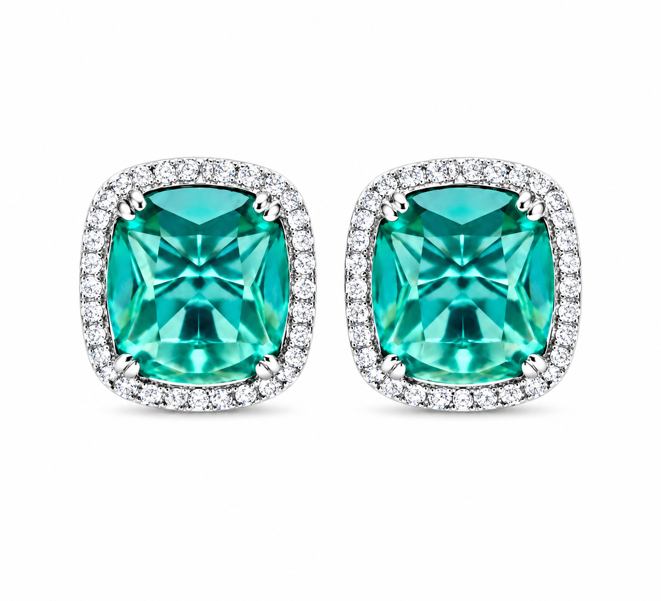 Cushion Shape Emerald Green CZ Single Halo Stud Earrings For Women, Copper Silver Plated White Crystal Vintage Bridal Wedding Daily Statement Jewelry Gift