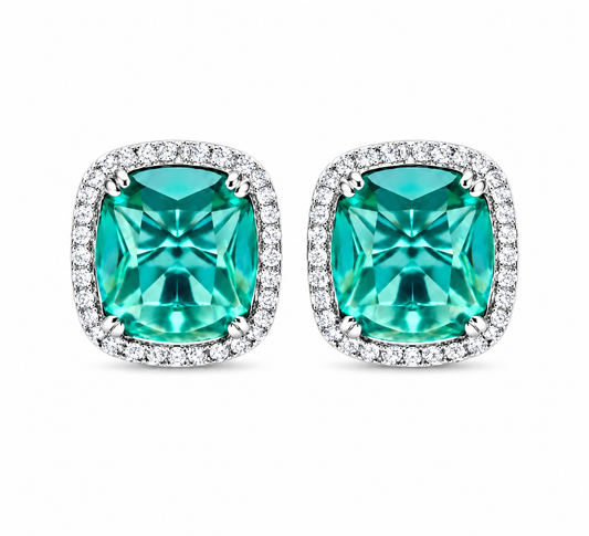 Cushion Shape Emerald Green CZ Single Halo Stud Earrings For Women, Copper Silver Plated White Crystal Vintage Bridal Wedding Daily Statement Jewelry Gift