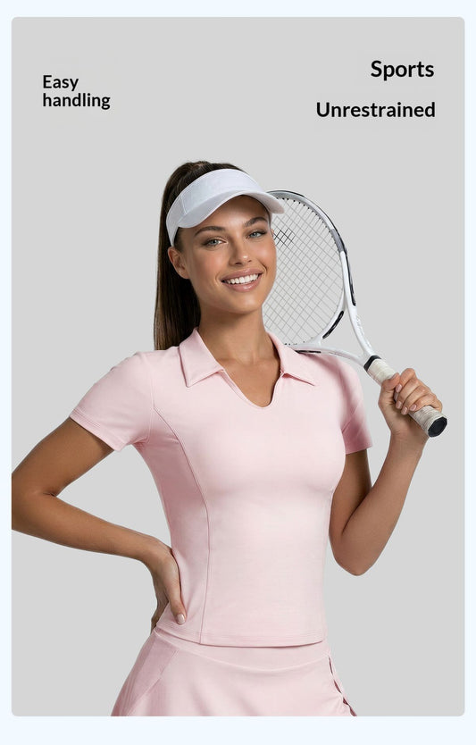 Women's Solid Color Polo Collar Sports Short-Sleeve T-Shirt, Slim Fit Figure-Flattering Yoga Top
