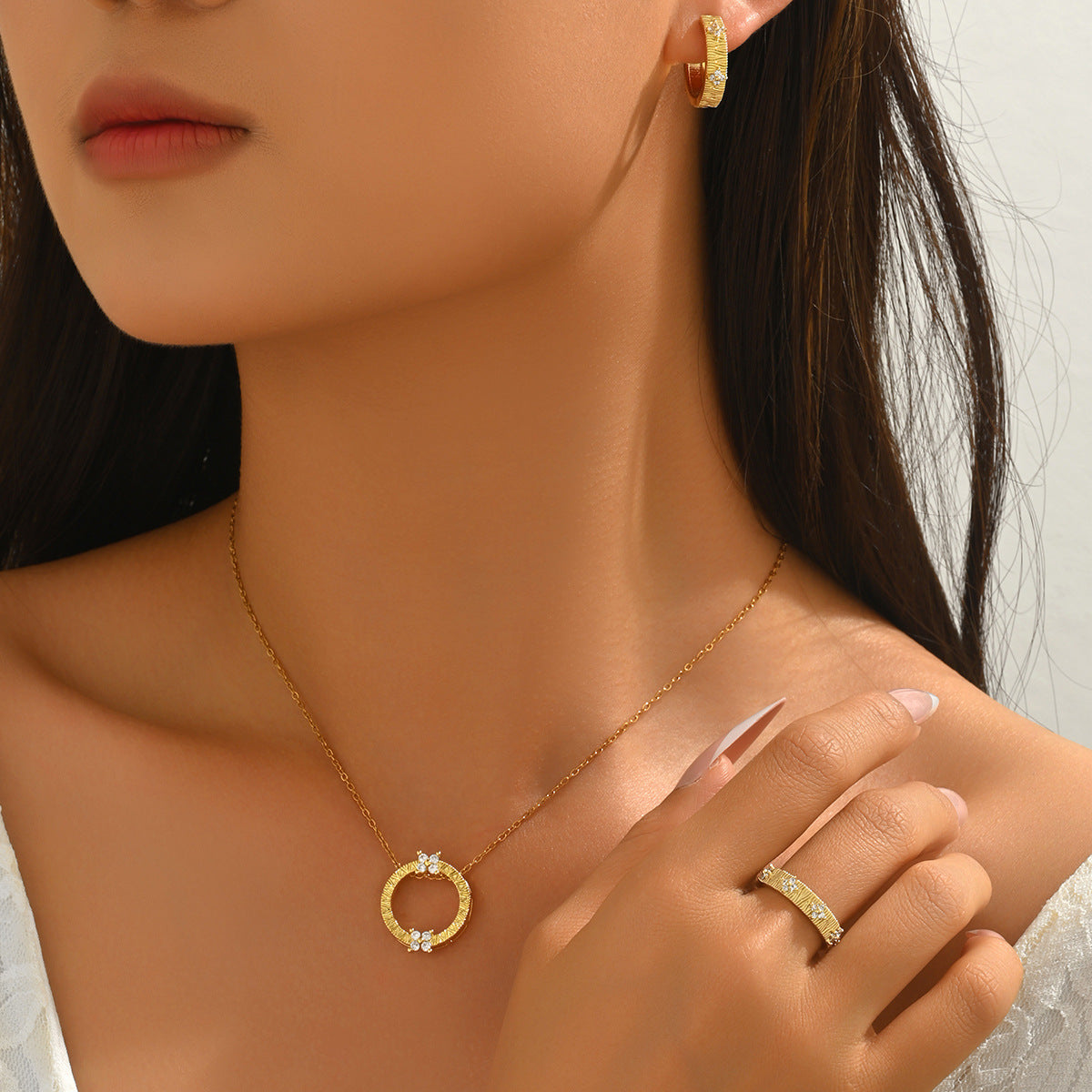 Women Forest Style Korean Jewelry Set, Geometric Round Inlaid Cubic Zirconia Necklace Earrings Ring, Versatile Daily Accessories