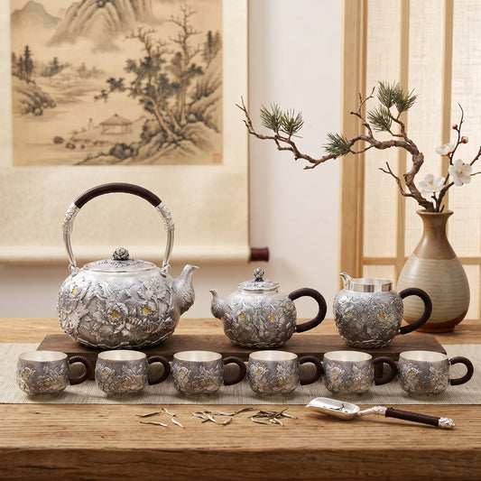 925 Sterling Silver Exquisite Handcrafted Silver Floral Tea Set with Dark Wrapped Handles on Wooden Stand - Handicraft