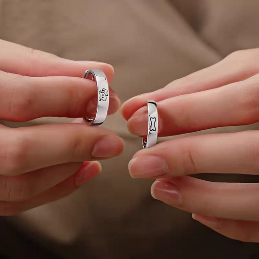 1 Pair 999 Sterling Silver Dog & Bone Couple Rings, Cute Adjustable Promise Rings, Ideal Valentine's Day Gift For Lovers