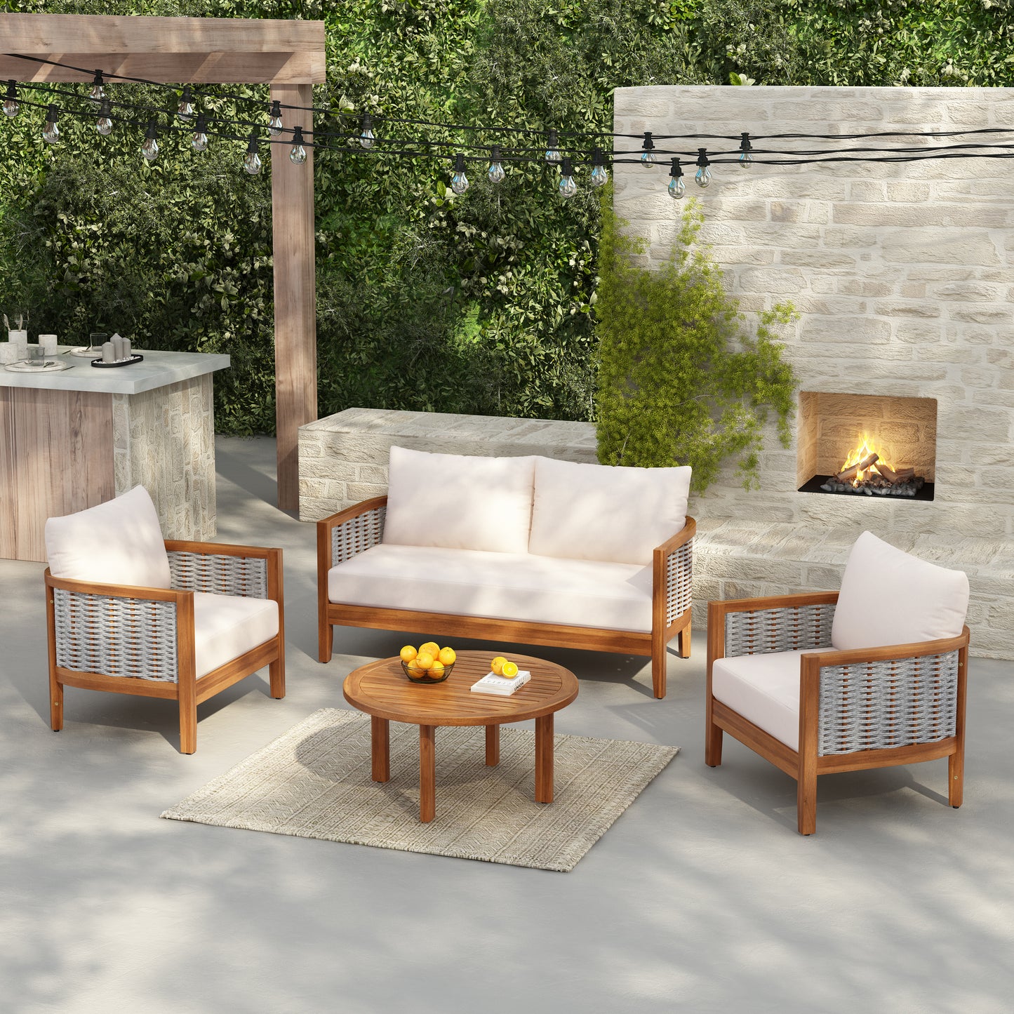 Outdoor Unique Tub Design 4-Seat Sofa Set With Woven Rope, 4 Pieces Acacia Wood Patio Furniture Set, Deep Seating With Soft Cushions For Porch, Garden, Backyard, Balcony, Teak Finish & Beige Cushion