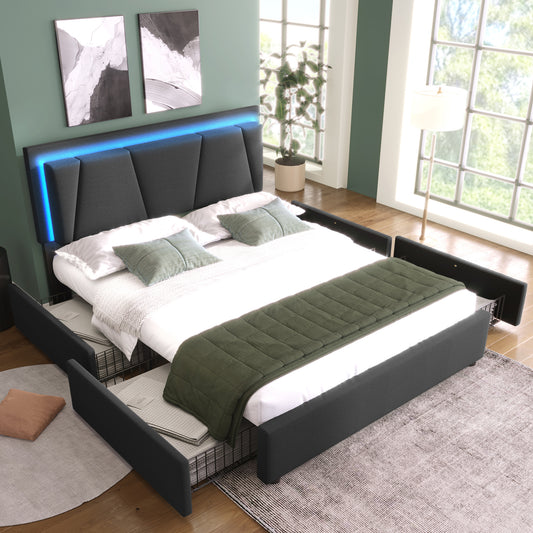 Upholstered Bed With LED Lighting And 4 Drawers,Height-adjustable Headboard,Double Bed 140x200cm Storage Beds Bed Frame, Wooden Slatted Base, Grey  Without Mattress