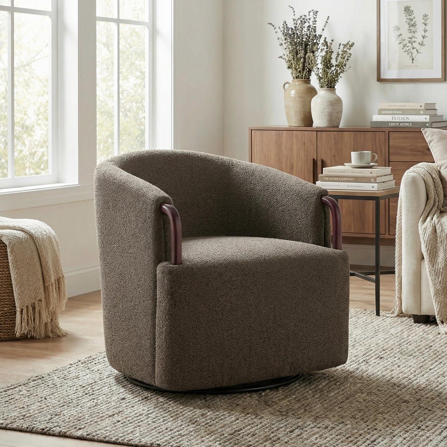 30  Modern Boucle Swivel Barrel Chair With Solid Wood Accents, Soft Durable Upholstery & 360 Swivel Base, Ideal For Living Room, Bedroom, Or Office