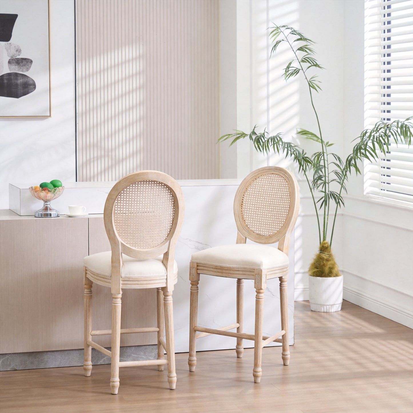 French Country 26  Height Bar Chairs Set Of 2, Upholstered Chairs With Rattan Round Back, Wire Drawing And Carving Techniques, For Living Room, Kitchen, Restaurant Use, Beige
