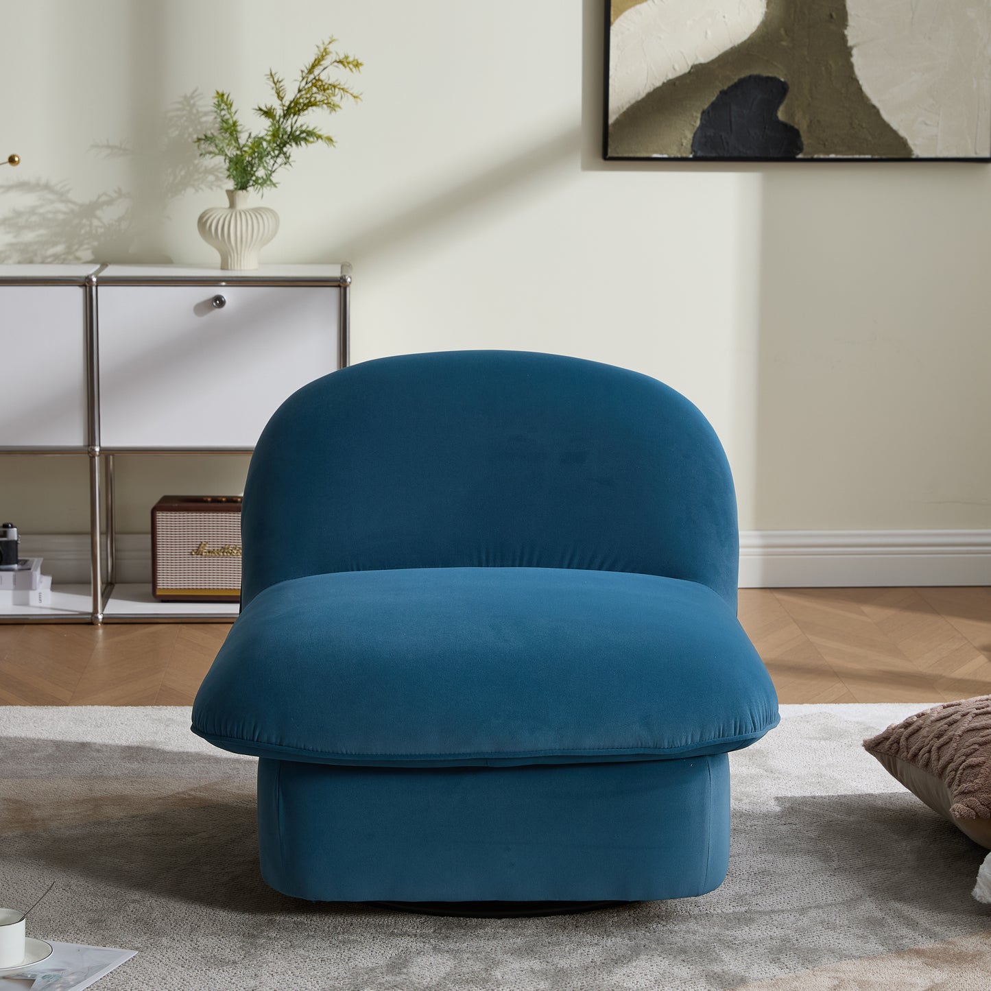 Swivel Accent Chair, 360 Degree Metal Base With Velvet Fabric Upholstery, Comfy Pumpkin Shaped Swivel Chair For Living Room, Bedroom, Or Office