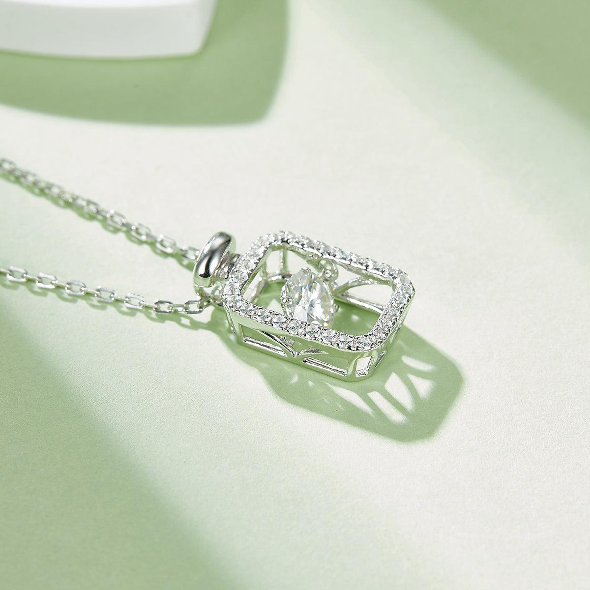 S925 Sterling Silver 0.5ct Rectangle Moissanite Necklace 45cm Platinum Plated Pave Border GRA Certified Gift Box