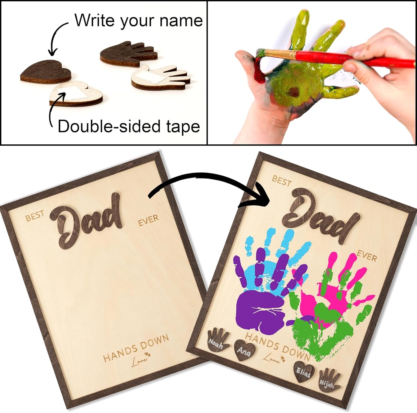 Personalized Best Dad Ever Hands Down Wooden Handprint Sign, Custom DIY Handprint Plaque With Detachable Name Cutouts, Father's Day Birthday Keepsake Gift For Dad Papa Grandpa From Kids Son Daughter