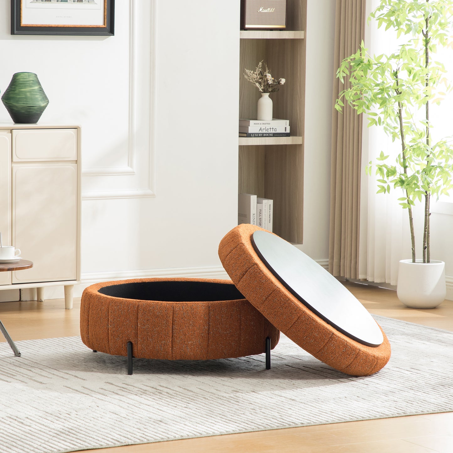 31.3 W Upholstered Round Ottoman With Reversible Lid, Chenille Storage Stool, Channel Tufted Pumpkin-shape Footstool For Living Room, Bedroom And Office, Orange