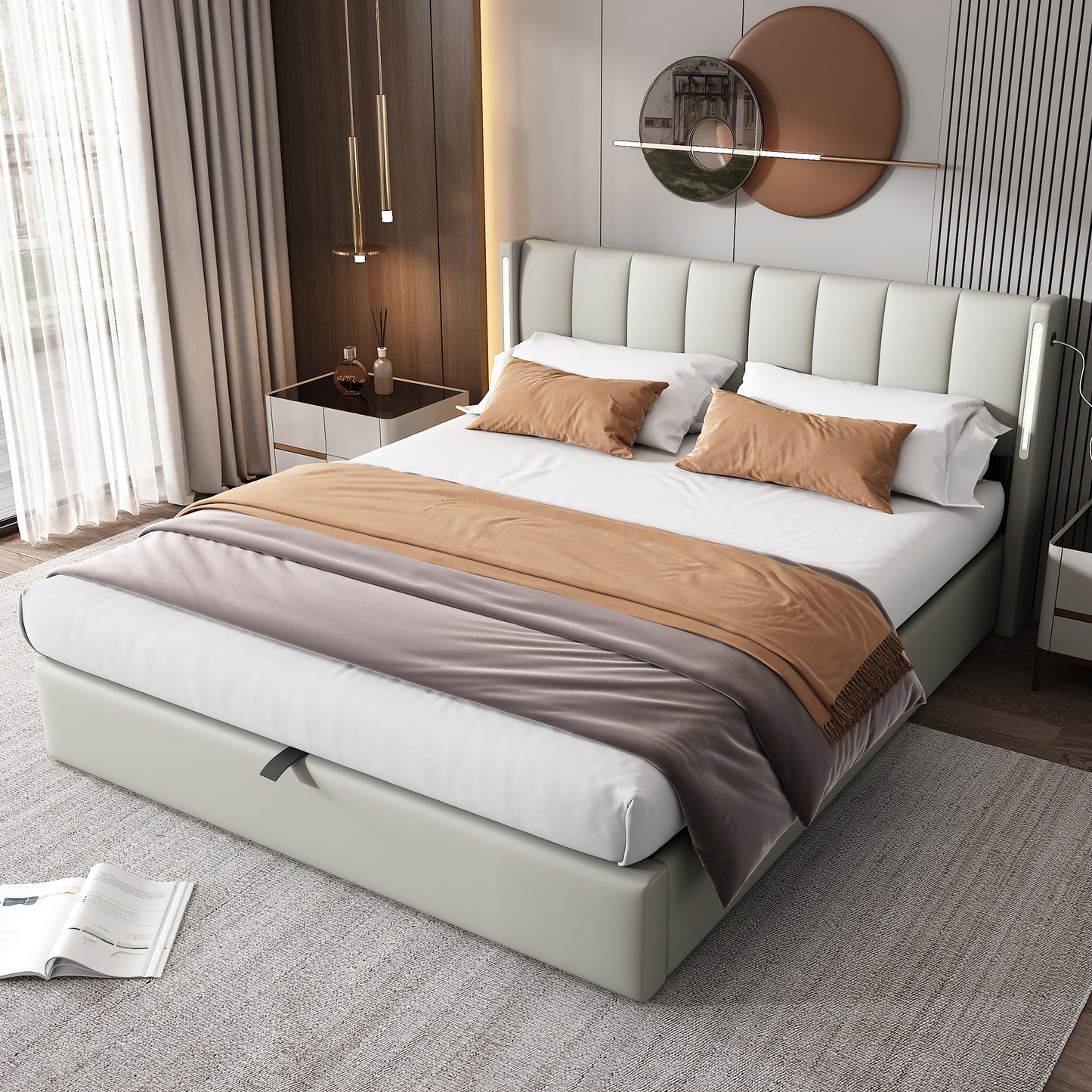 Binaural LED Upholstered Bed 180 X 200 Cm, Hydraulic Bed, Rechargeable USB Port In Bed, With LED Lighting, With Storage, Adjustable Headboard, PU, Grey