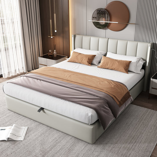 Binaural LED Upholstered Bed 180 X 200 Cm, Hydraulic Bed, Rechargeable USB Port In Bed, With LED Lighting, With Storage, Adjustable Headboard, PU, Grey