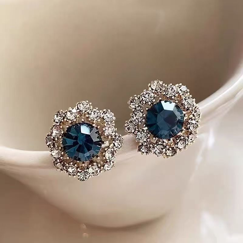Gunmetal Grey Rhinestone Crystal Round Stud Earrings For Women, New Bestselling Blue Zircon Floral Earrings, Exquisite Trendy Ear Jewelry
