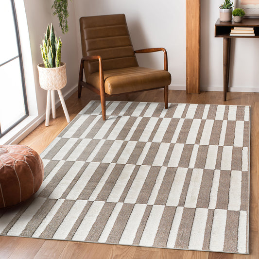 Step Collection High-Low Striped Beige Cream Indoor Area Rug , Modern, Contemporary, Geometric, Bohemian, Bedroom, Kitchen, Living Room, Non Shedding Carpet