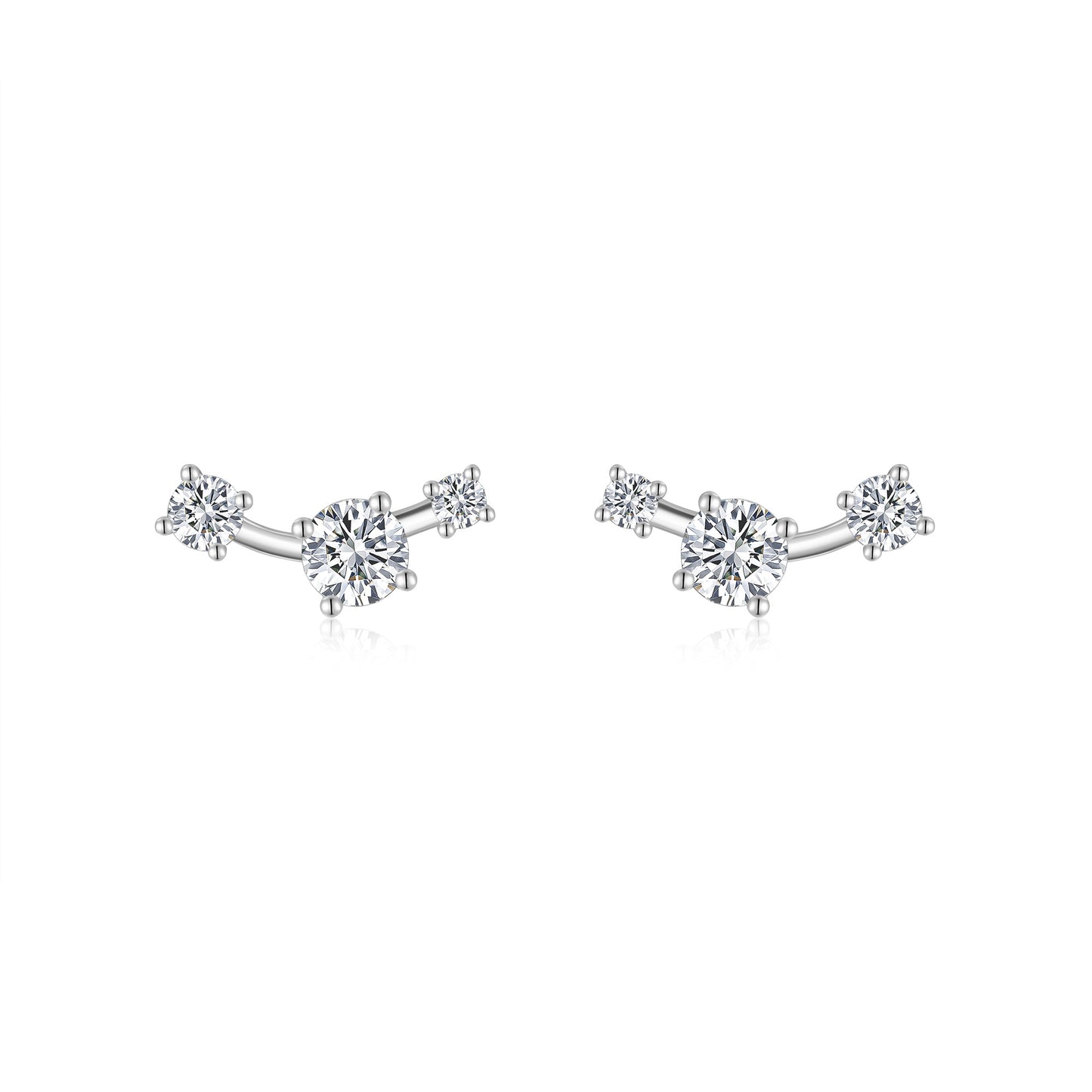 S925 Sterling Silver Three-Stone Curved Stud Earrings, 0.5ct D-VVS1 Moissanite, Platinum Plated 2.1g With GRA Certificate Gift Box