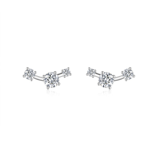 S925 Sterling Silver Three-Stone Curved Stud Earrings, 0.5ct D-VVS1 Moissanite, Platinum Plated 2.1g With GRA Certificate Gift Box