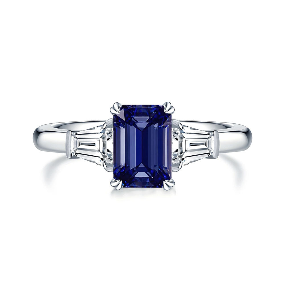 S925 Sterling Silver Aquamarine Fashion Sugar-cube Small Diamond Ring Womens Jewelry