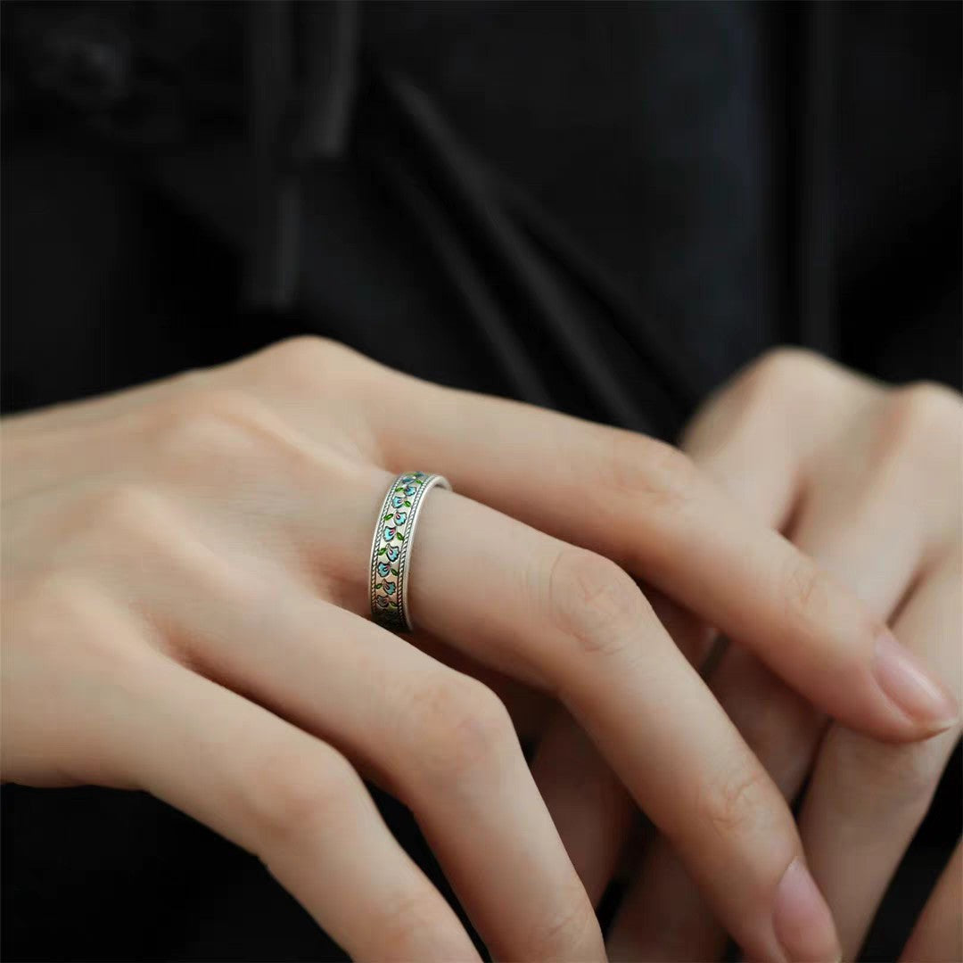 1pc 999 Sterling Silver Enamel Apricot Leaf Vine Ring, Retro & Fresh Style, Perfect For Daily, Dating & Gifting, Ideal Valentine's Gift