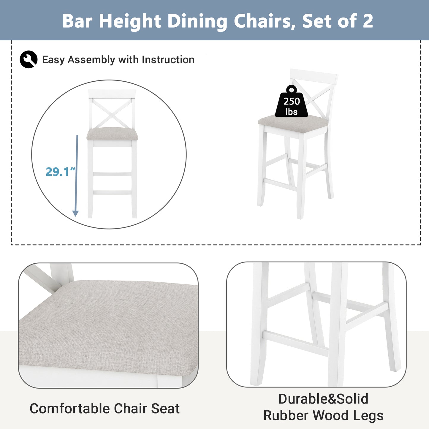 TOPMAX Farmhouse 48 Rectangular Wood Bar Height Dining Set Kitchen Breakfast Nook With 2 Chairs For Small Places,Brown White Beige