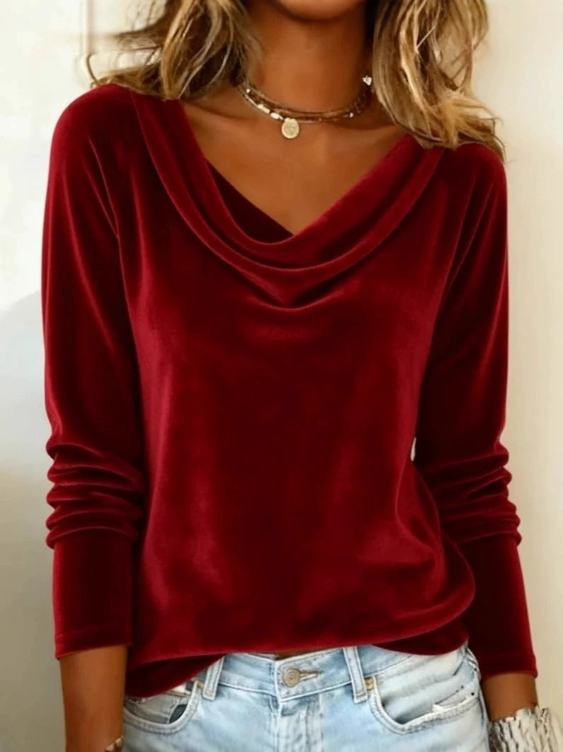 Fashion New Solid Color Cowl Neck Long Sleeve Sexy Velvet T-shirt